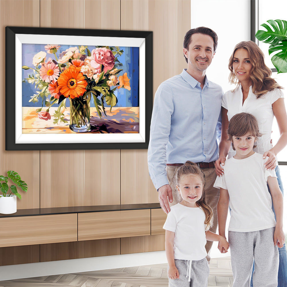 Rosa und orange Blumen in Glasvase Diamond Painting