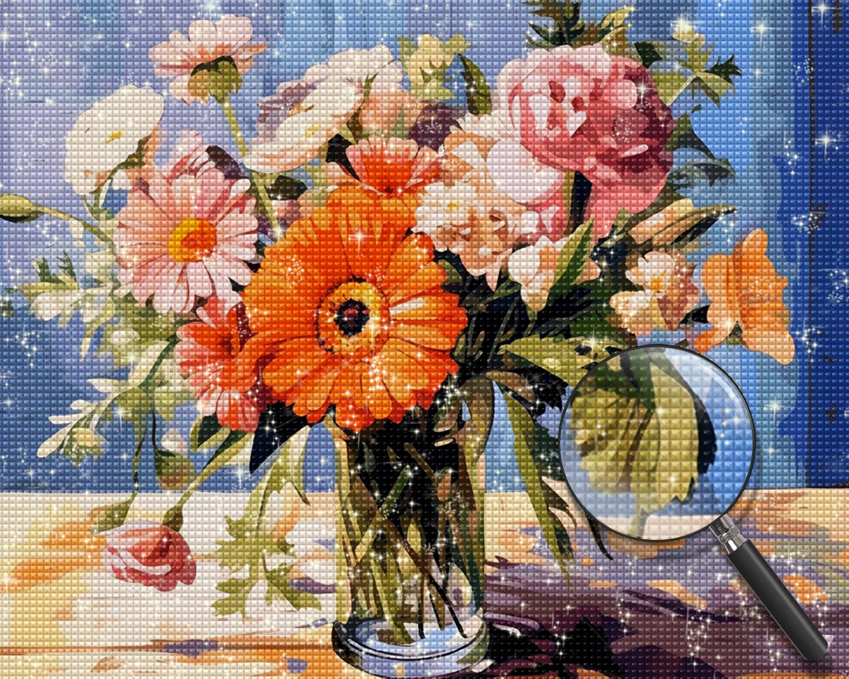 Rosa und orange Blumen in Glasvase Diamond Painting