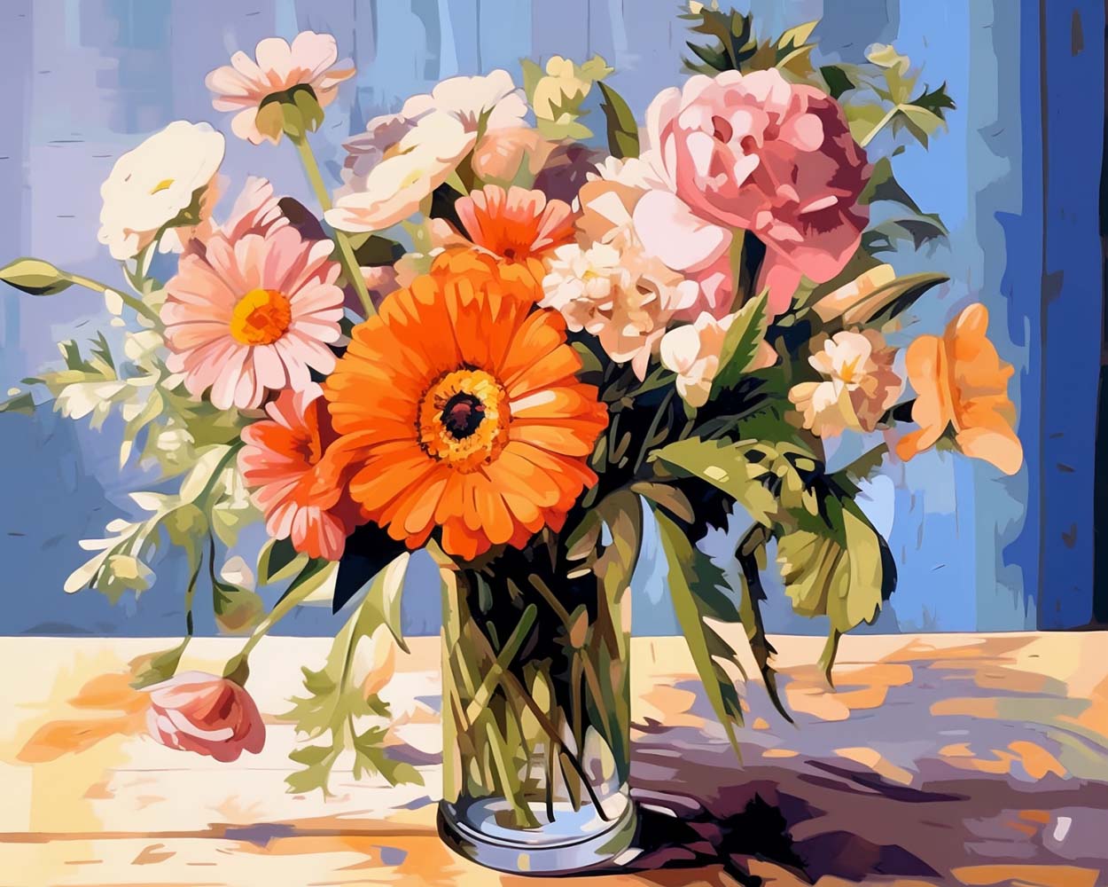 Rosa und orange Blumen in Glasvase Diamond Painting
