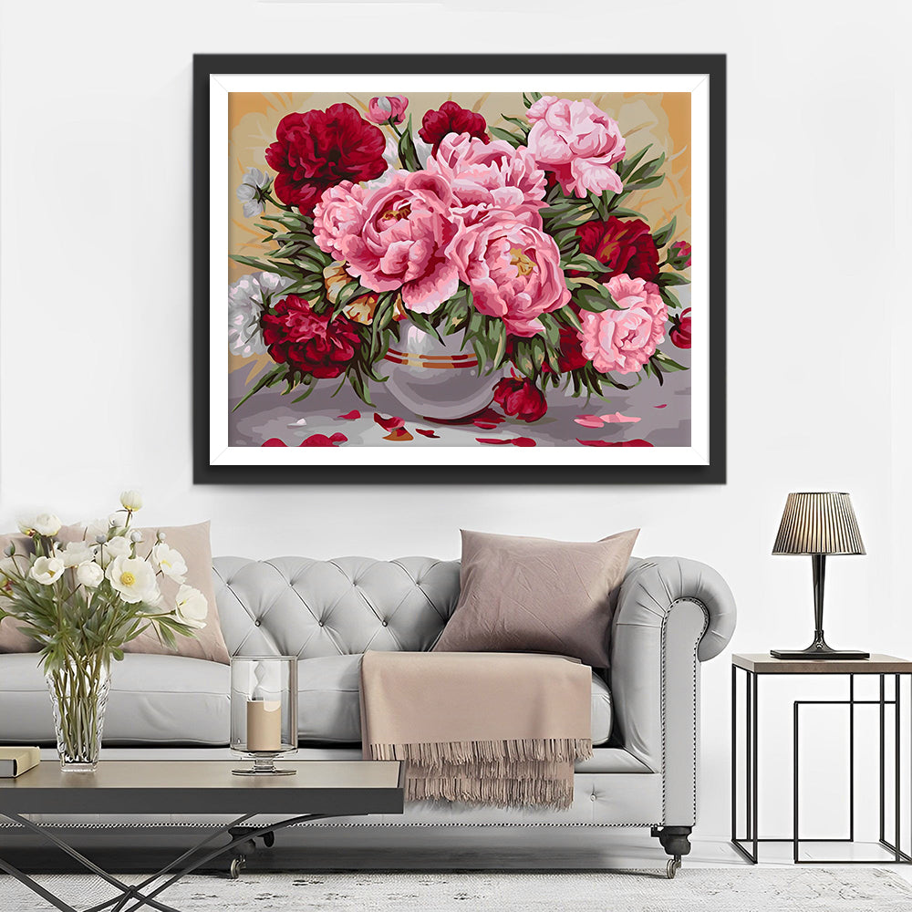 Rosa und rote Pfingstrosen in Glasvase Diamond Painting