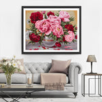 Rosa und rote Pfingstrosen in Glasvase Diamond Painting