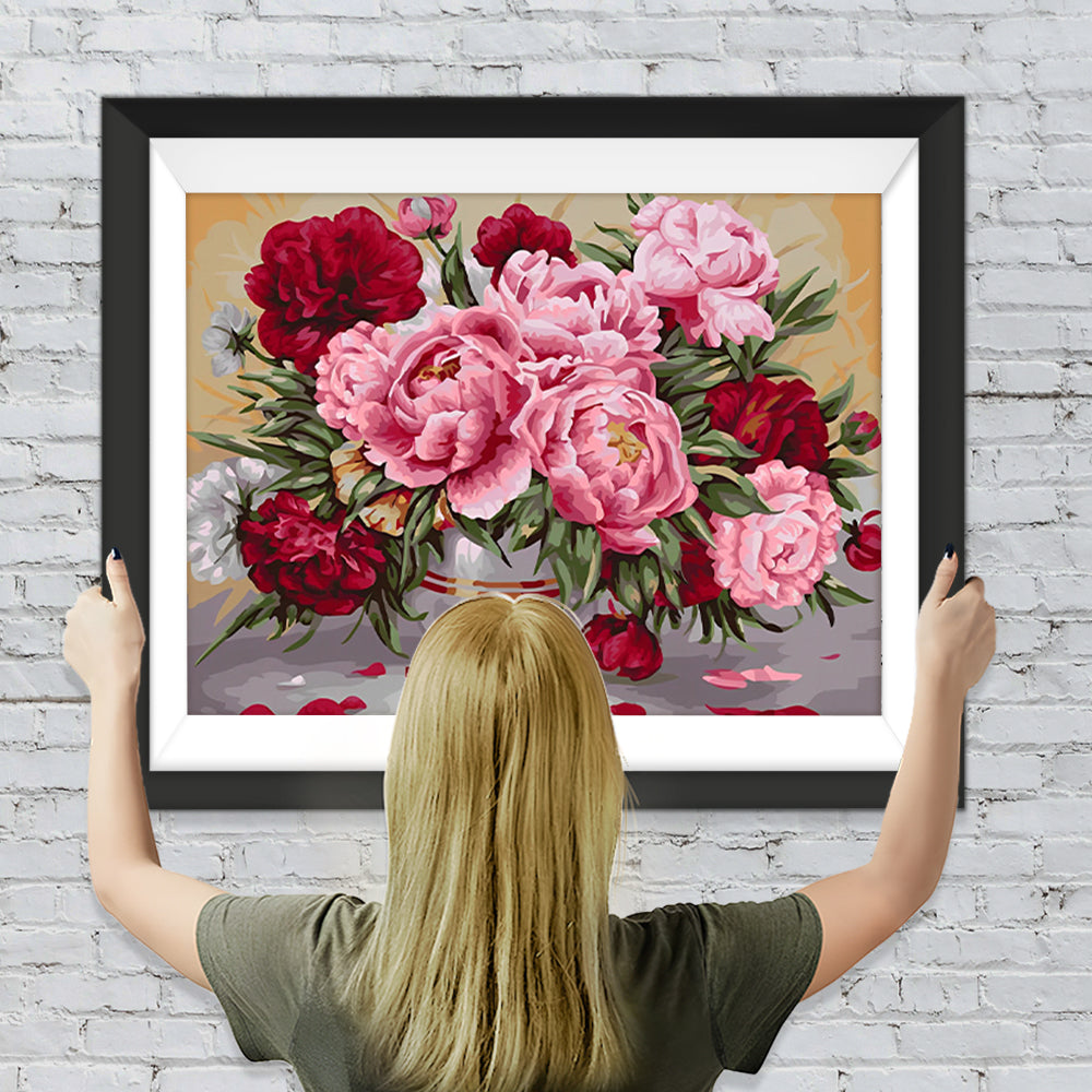 Rosa und rote Pfingstrosen in Glasvase Diamond Painting