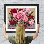 Rosa und rote Pfingstrosen in Glasvase Diamond Painting