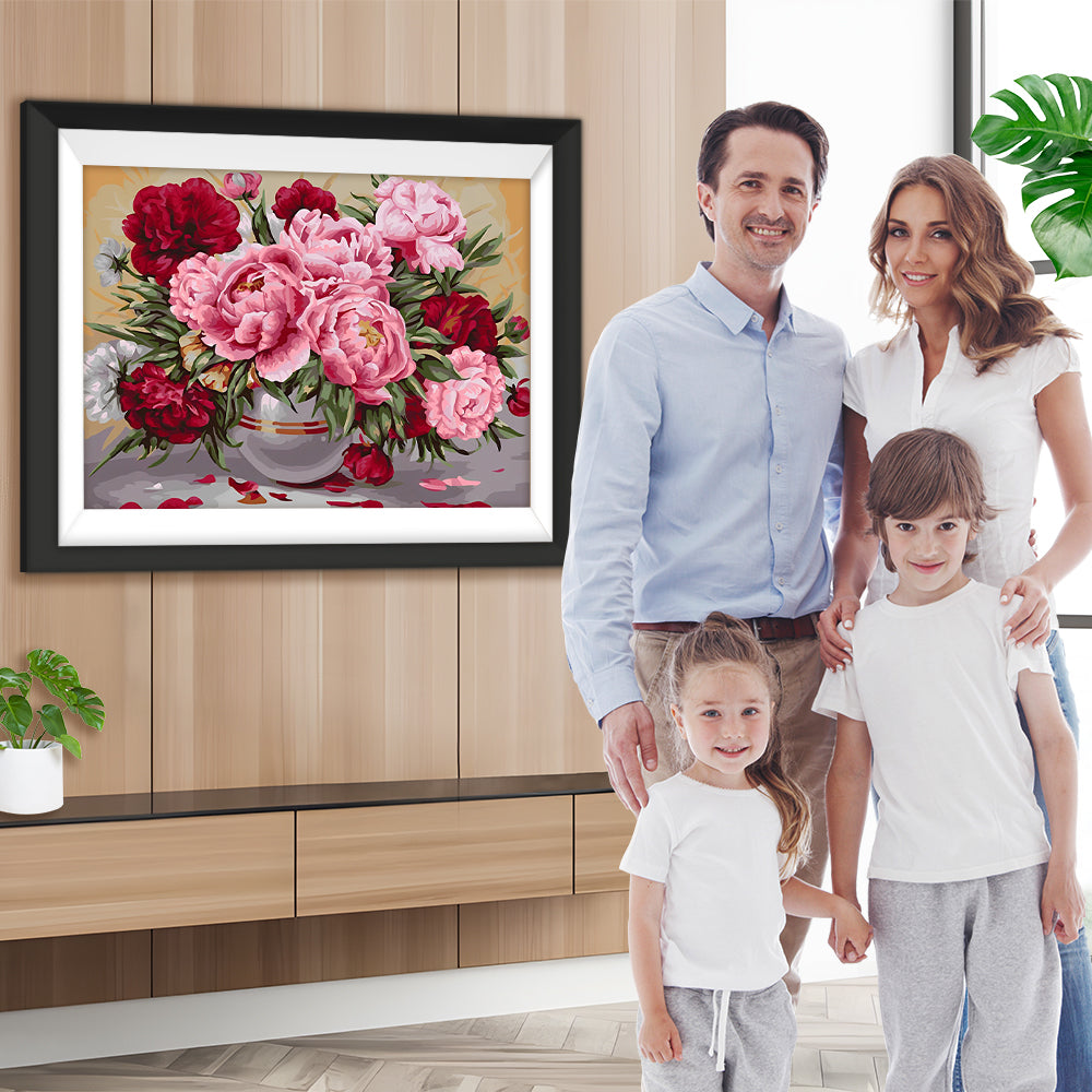 Rosa und rote Pfingstrosen in Glasvase Diamond Painting