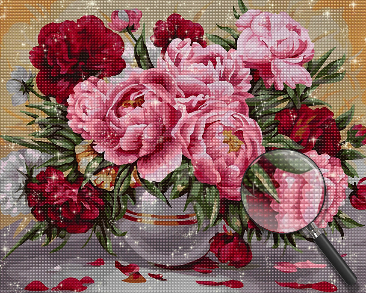 Rosa und rote Pfingstrosen in Glasvase Diamond Painting