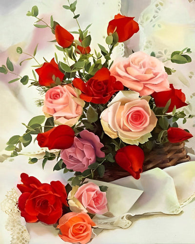 Rosa und roter Rosenstrauß Diamond Painting