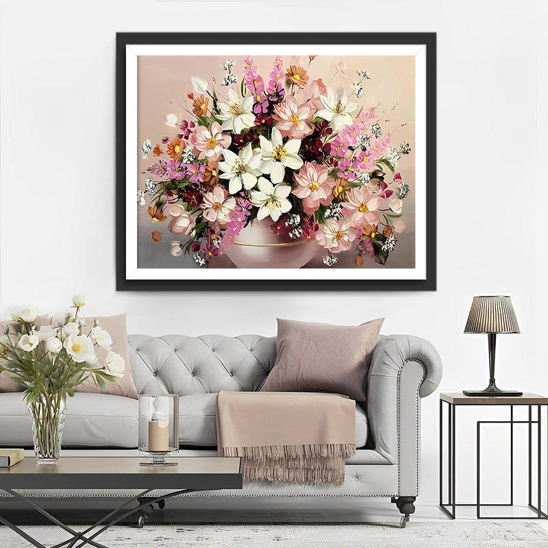 Rosa und weiße Blumen im Blumentopf Diamond Painting