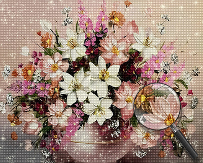 Rosa und weiße Blumen im Blumentopf Diamond Painting