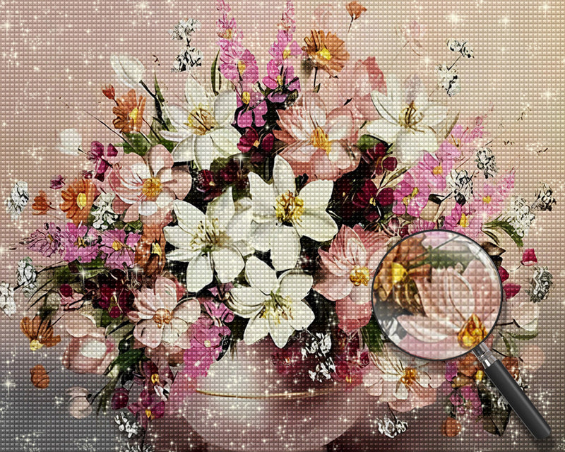 Rosa und weiße Blumen im Blumentopf Diamond Painting