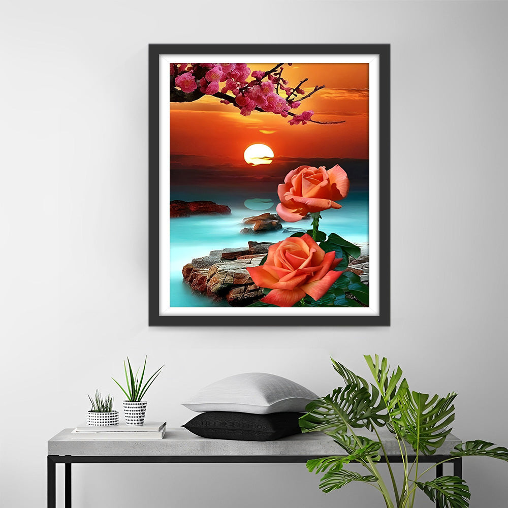 Rosen und Blumenbaum bei Sonnenaufgang Diamond Painting
