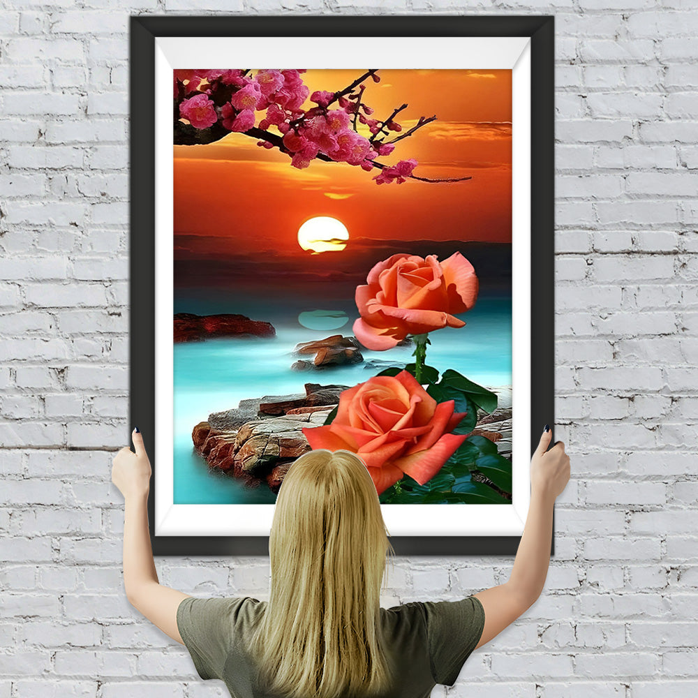 Rosen und Blumenbaum bei Sonnenaufgang Diamond Painting