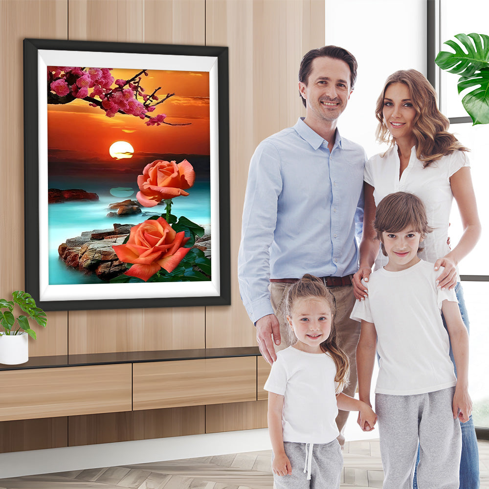 Rosen und Blumenbaum bei Sonnenaufgang Diamond Painting