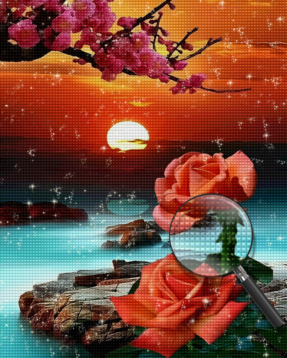 Rosen und Blumenbaum bei Sonnenaufgang Diamond Painting