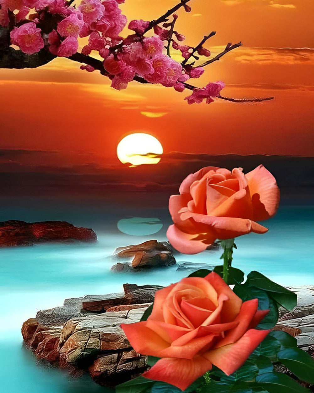 Rosen und Blumenbaum bei Sonnenaufgang Diamond Painting