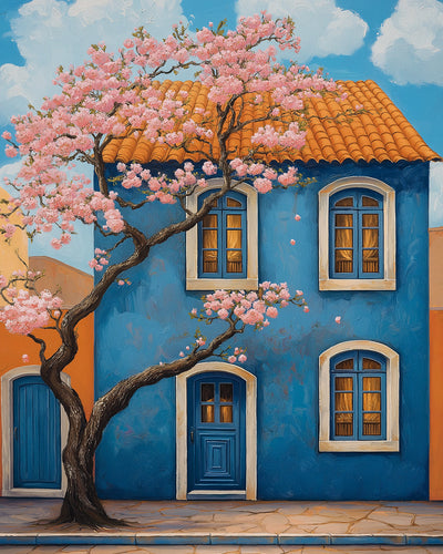 Rosenblütenbaum vor dem Blauen Haus Diamond Painting