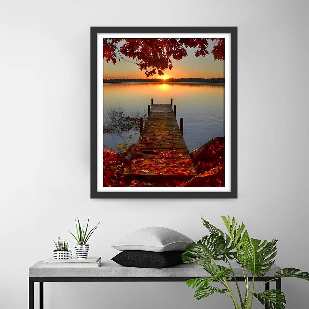 Rote Ahornbäume und Holzbrücke bei Sonnenuntergang Diamond Painting