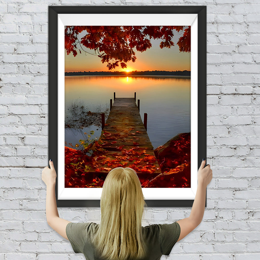 Rote Ahornbäume und Holzbrücke bei Sonnenuntergang Diamond Painting