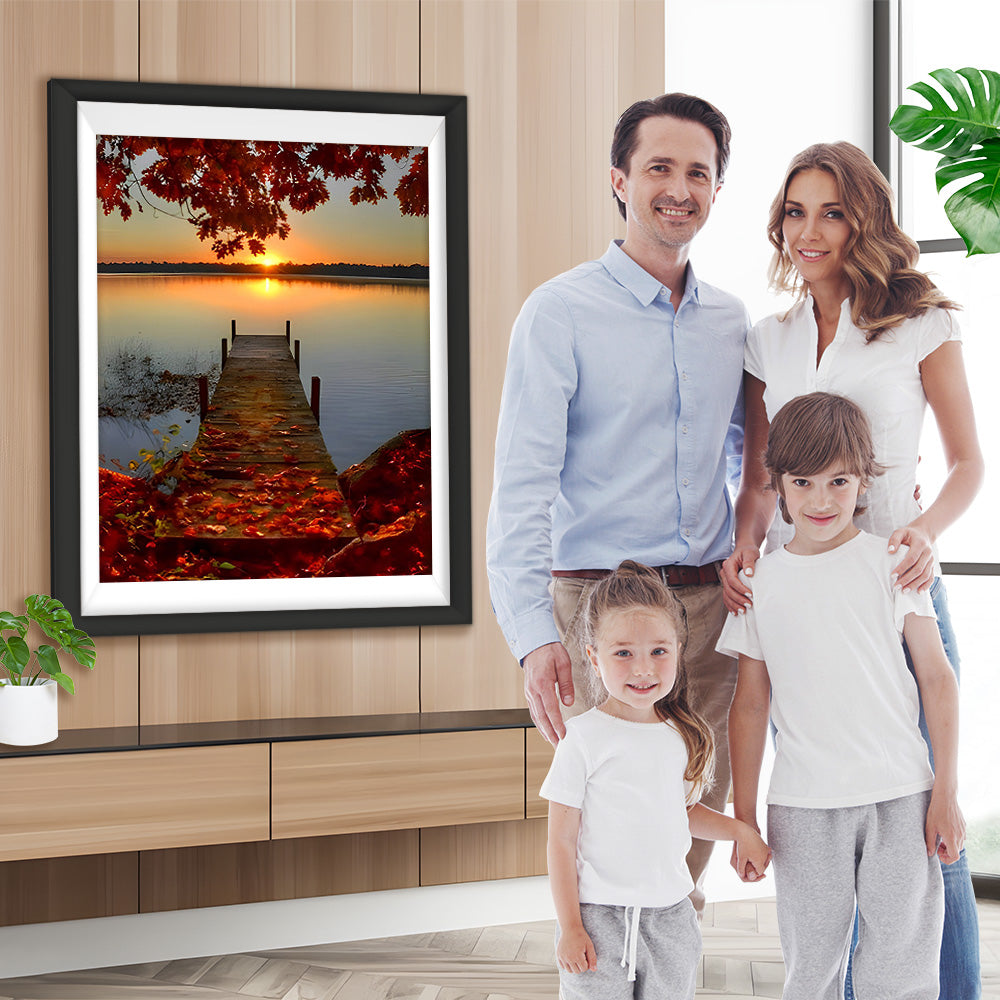 Rote Ahornbäume und Holzbrücke bei Sonnenuntergang Diamond Painting