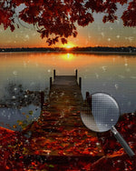 Rote Ahornbäume und Holzbrücke bei Sonnenuntergang Diamond Painting