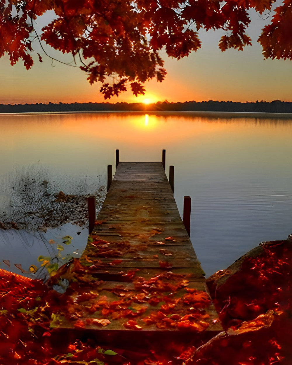 Rote Ahornbäume und Holzbrücke bei Sonnenuntergang Diamond Painting