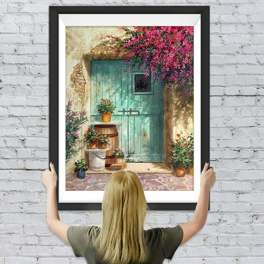 Rote Blumen, grüne Tür und Bonsais Diamond Painting