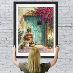 Rote Blumen, grüne Tür und Bonsais Diamond Painting