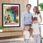 Rote Blumen, grüne Tür und Bonsais Diamond Painting