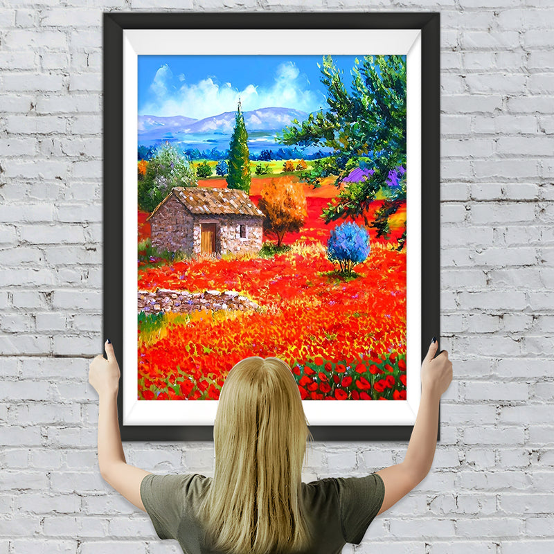 Rote Blumen und Hütte Diamond Painting