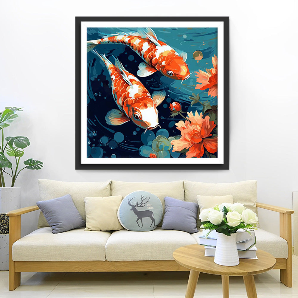 Rote Koi und Blumen Diamond Painting