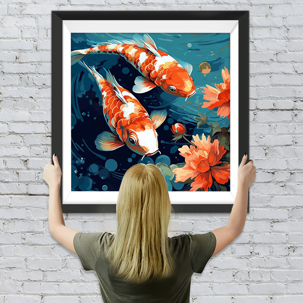 Rote Koi und Blumen Diamond Painting