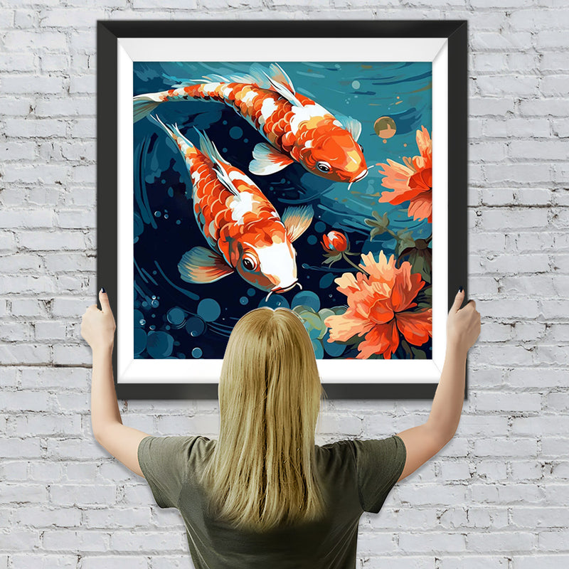 Rote Koi und Blumen Diamond Painting