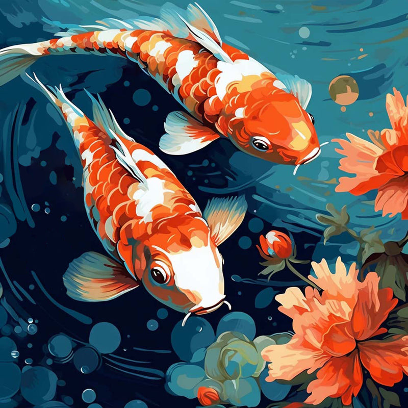 Rote Koi und Blumen Diamond Painting