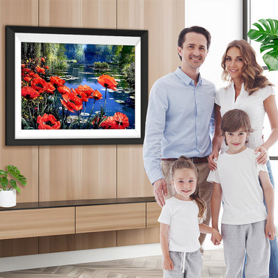 Rote Mohnblumen am Teich Diamond Painting