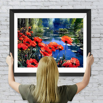 Rote Mohnblumen am Teich Diamond Painting