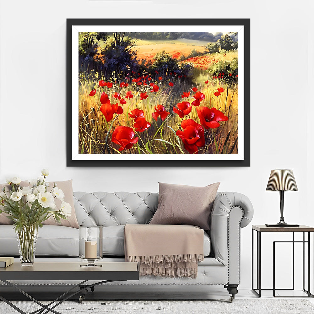 Rote Mohnblumen in der Natur Diamond Painting
