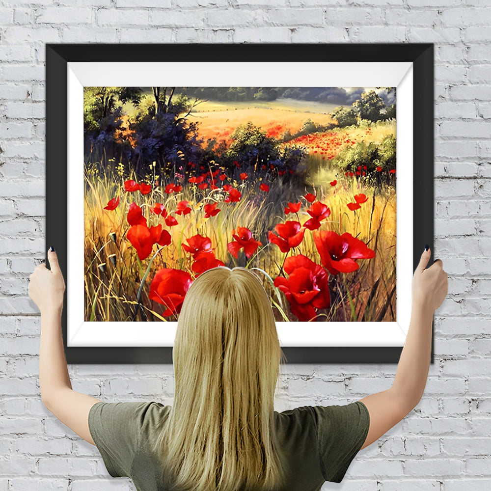Rote Mohnblumen in der Natur Diamond Painting