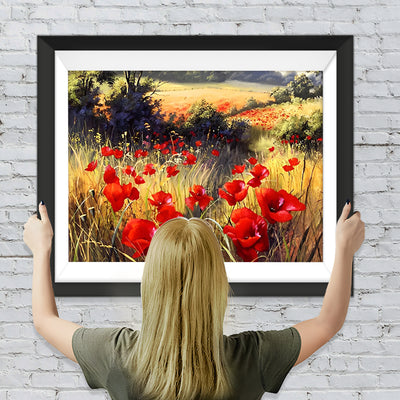Rote Mohnblumen in der Natur Diamond Painting