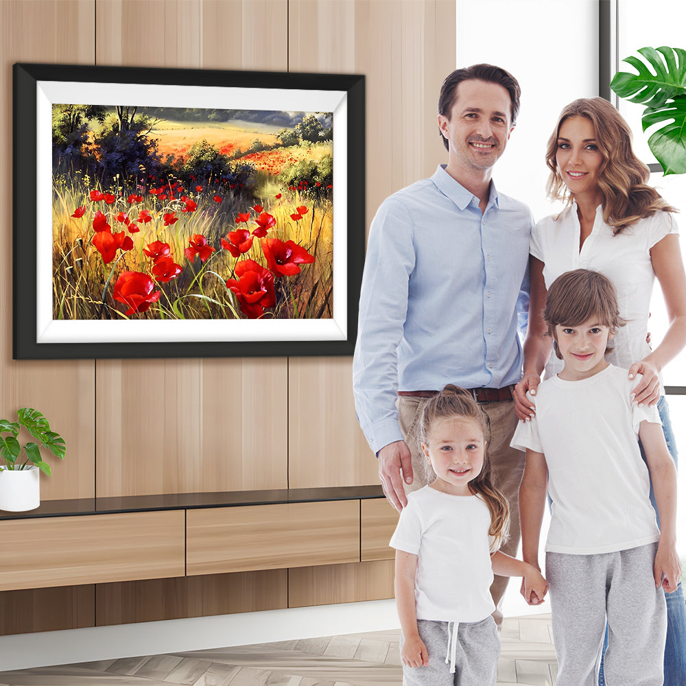 Rote Mohnblumen in der Natur Diamond Painting