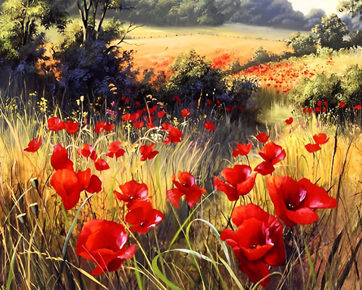 Rote Mohnblumen in der Natur Diamond Painting