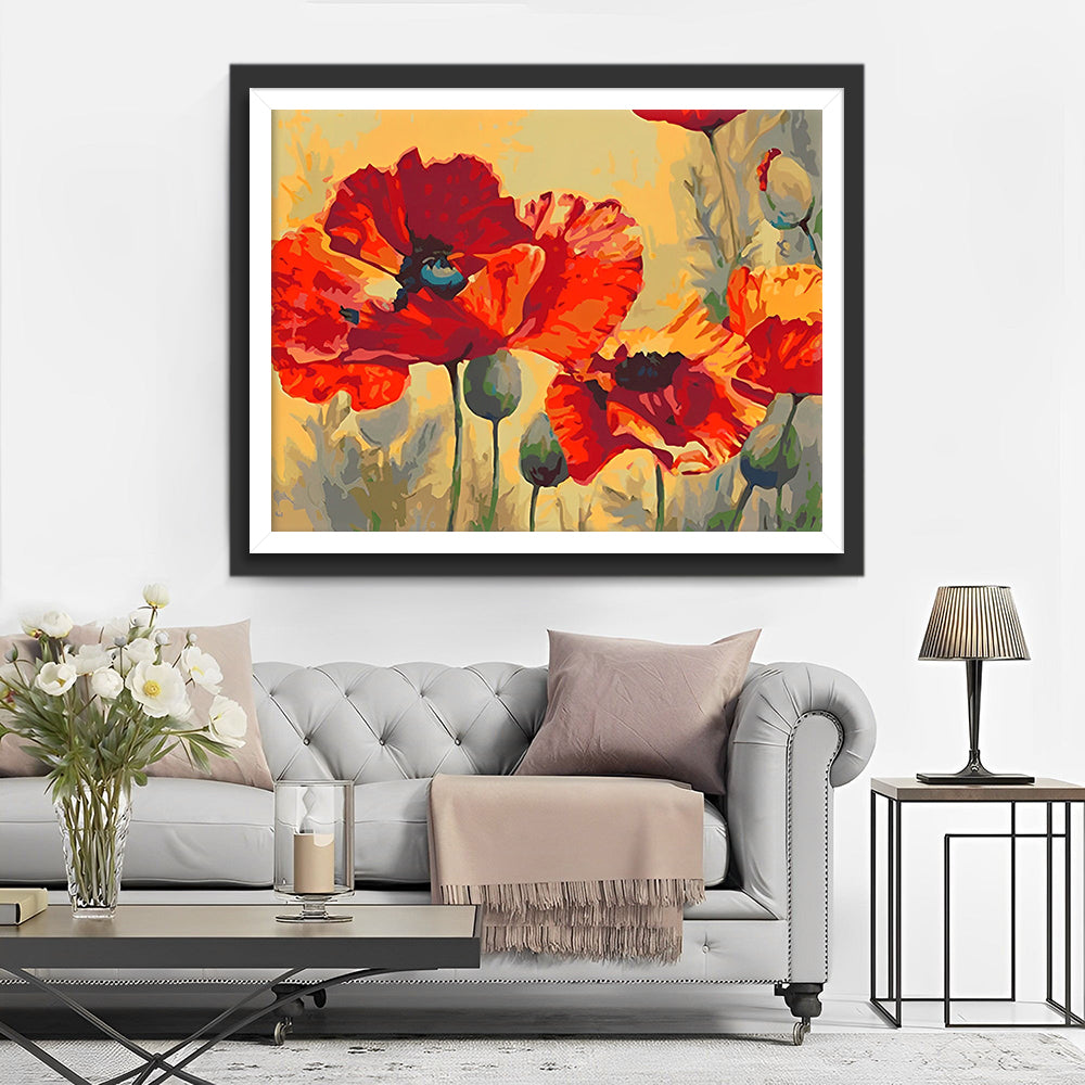 Rote Mohnblumen und grüne Knospen Diamond Painting