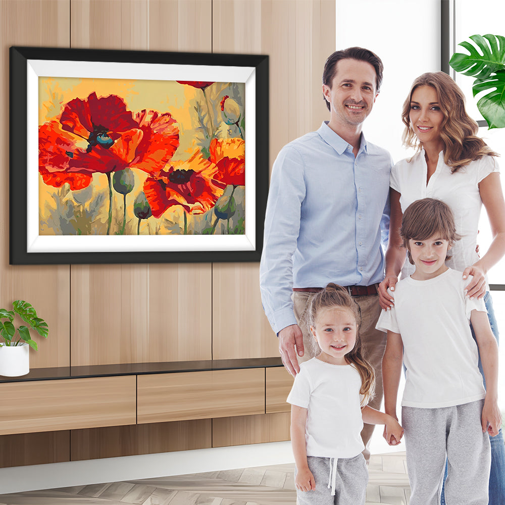 Rote Mohnblumen und grüne Knospen Diamond Painting