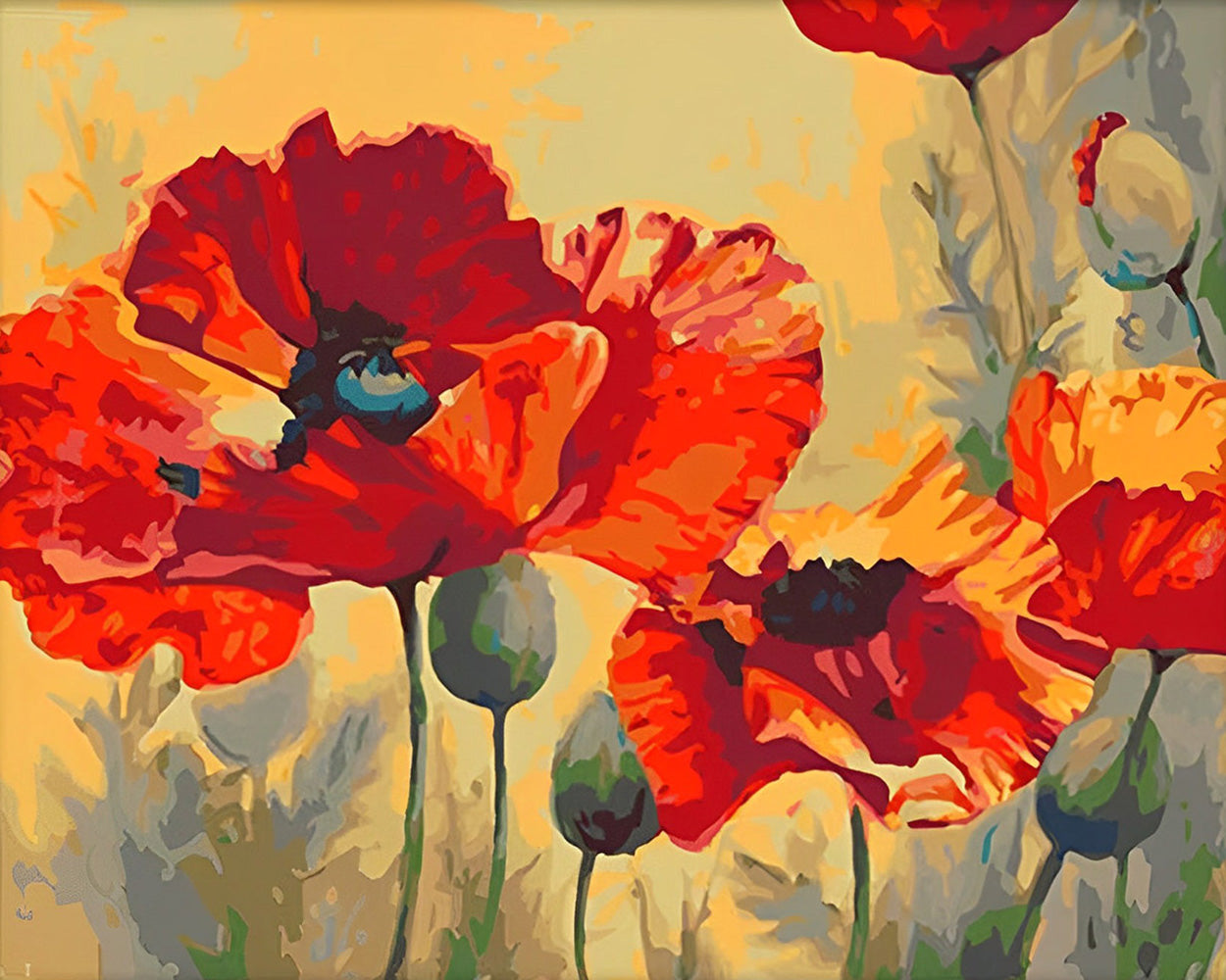 Rote Mohnblumen und grüne Knospen Diamond Painting