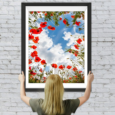 Rote Mohnblumen und weiße Wolken Diamond Painting