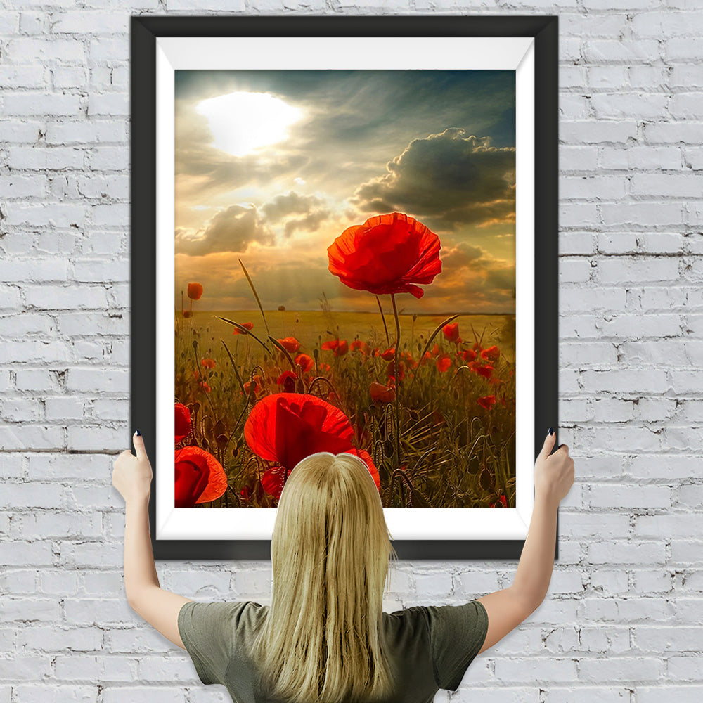 Rote Mohnblumen unter den dunklen Wolken Diamond Painting