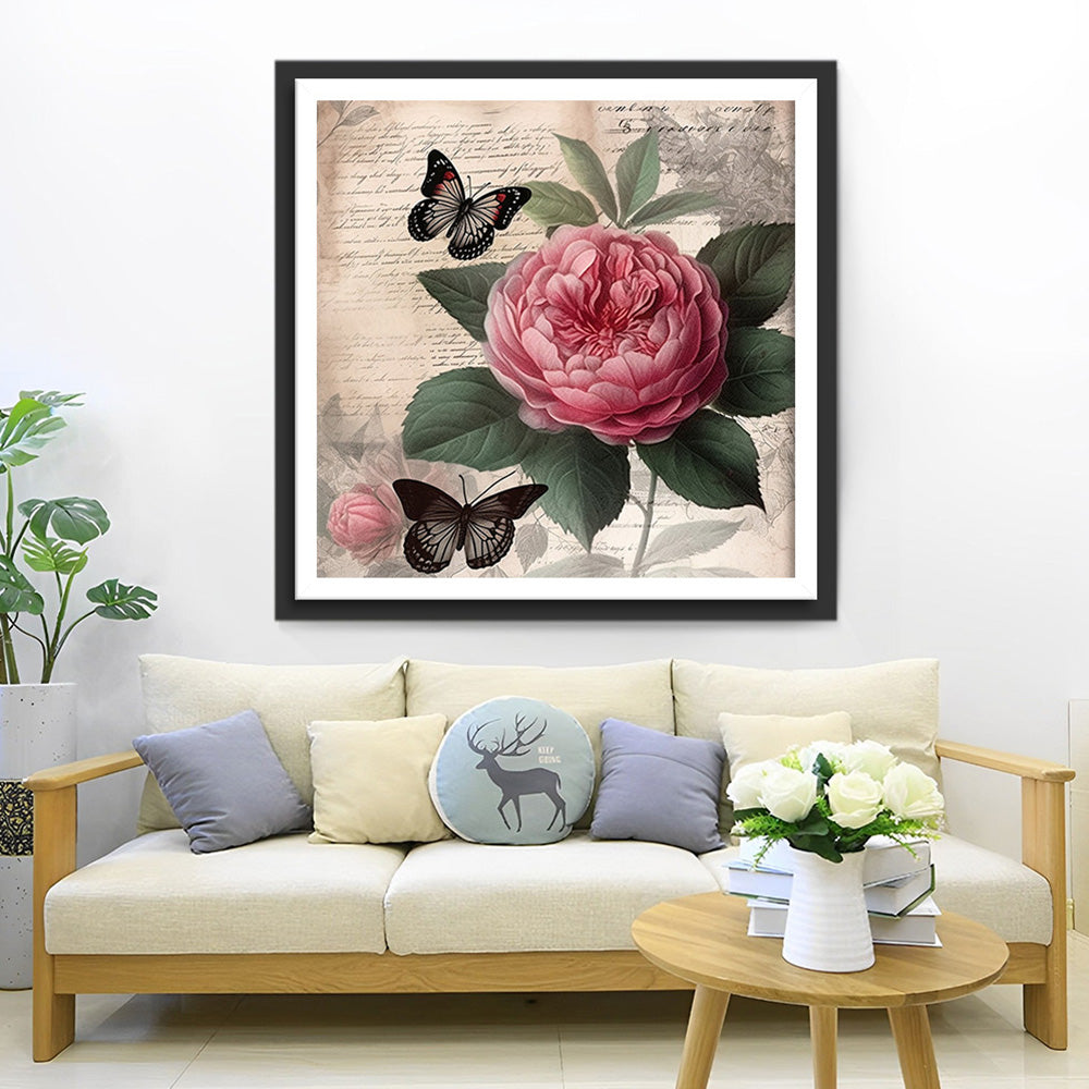 Rote Pfingstrose und schwarze Schmetterlinge Diamond Painting