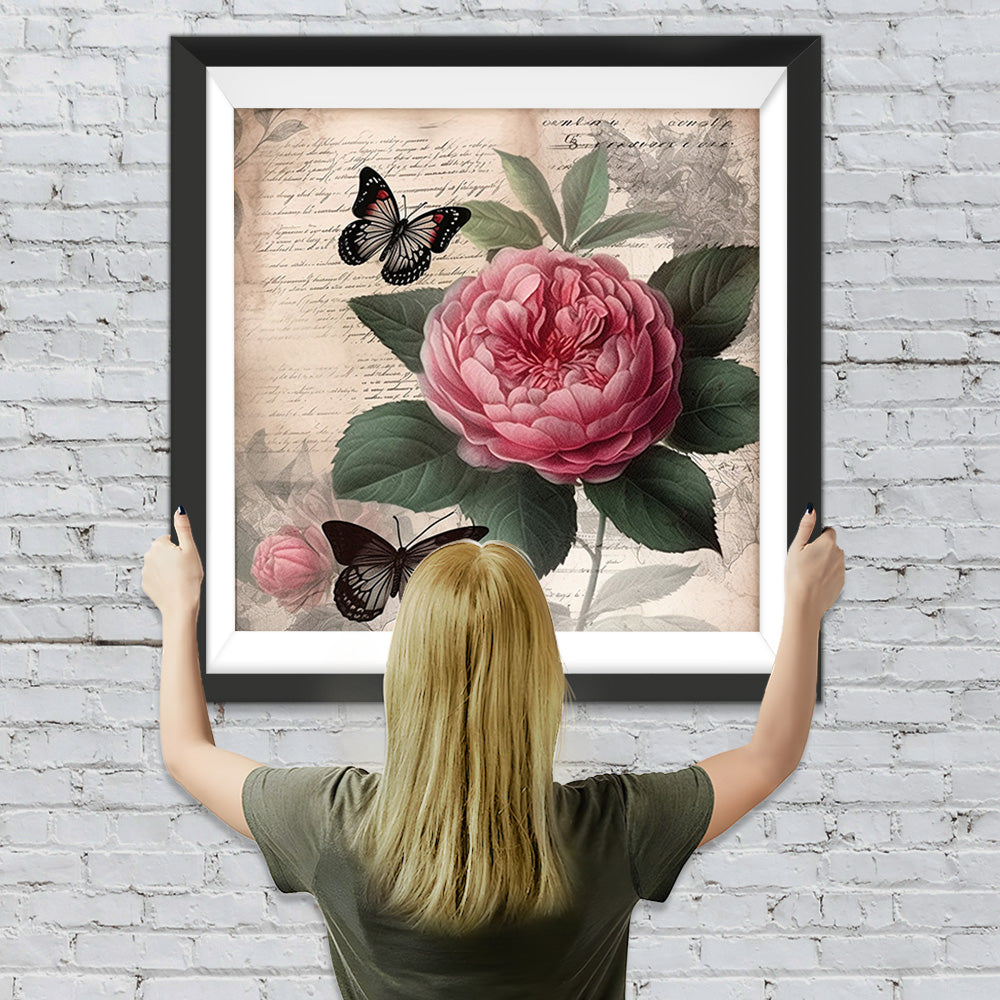 Rote Pfingstrose und schwarze Schmetterlinge Diamond Painting