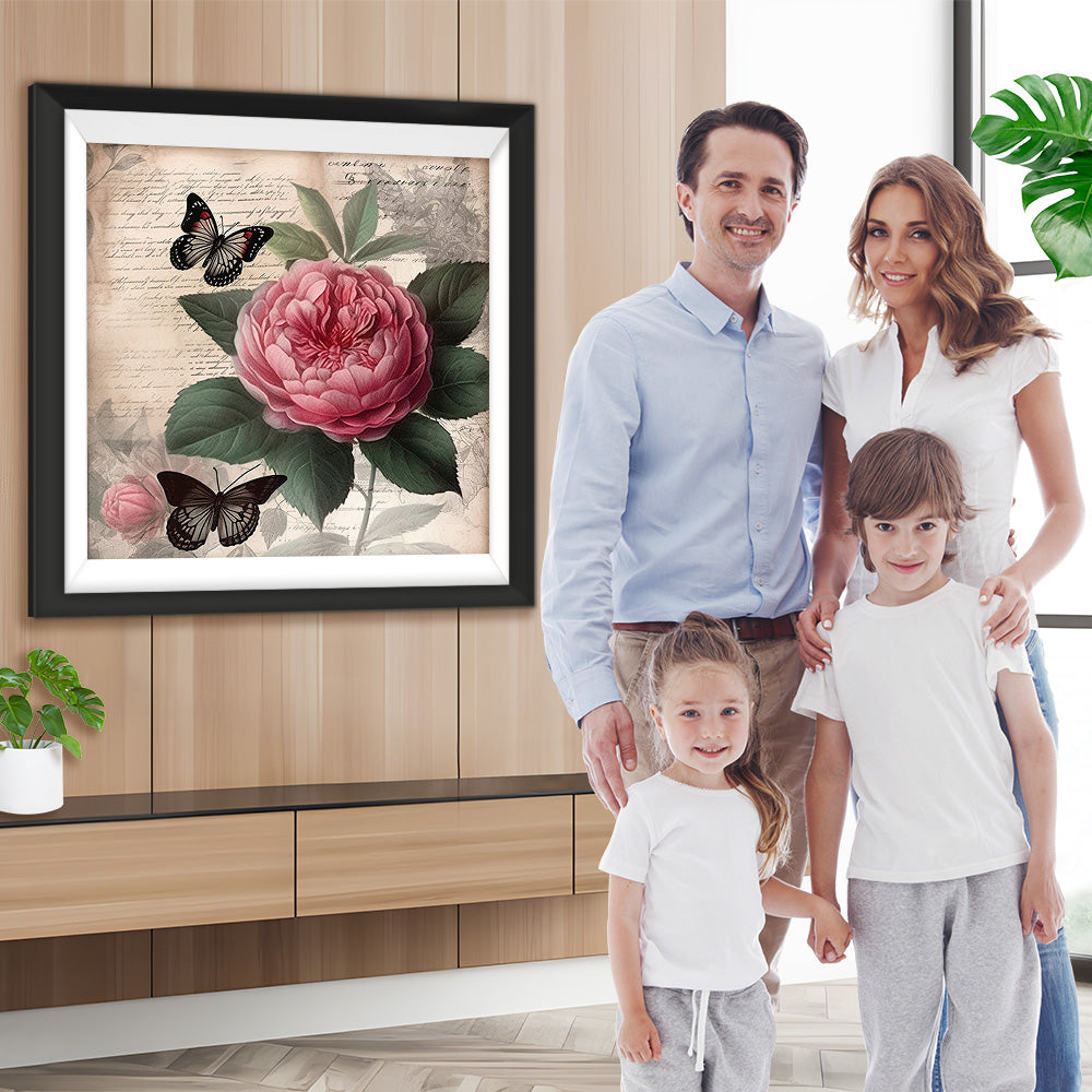 Rote Pfingstrose und schwarze Schmetterlinge Diamond Painting