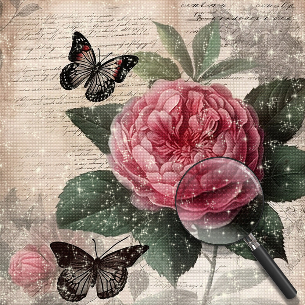 Rote Pfingstrose und schwarze Schmetterlinge Diamond Painting