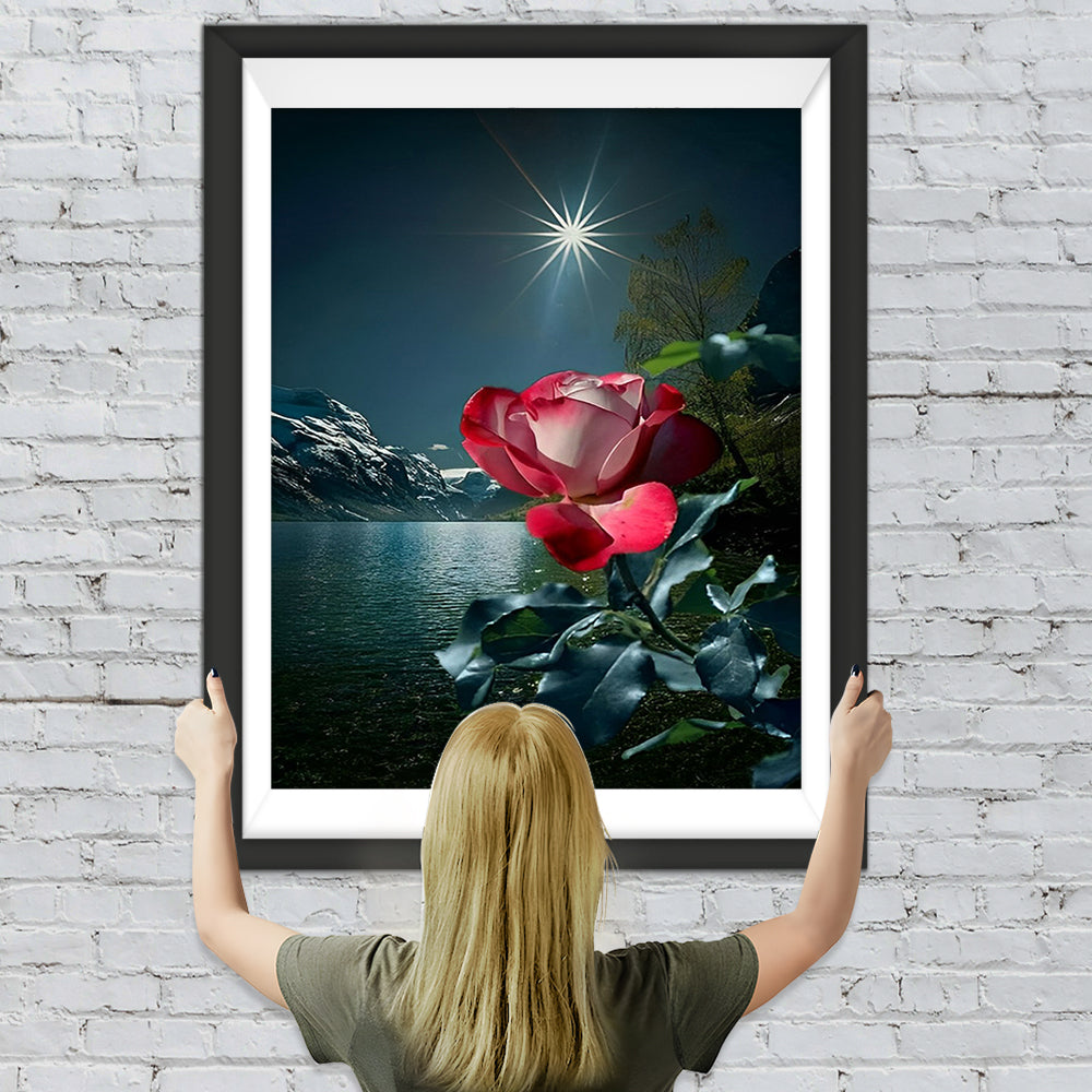 Rote Rose am Strand in der Nacht Diamond Painting