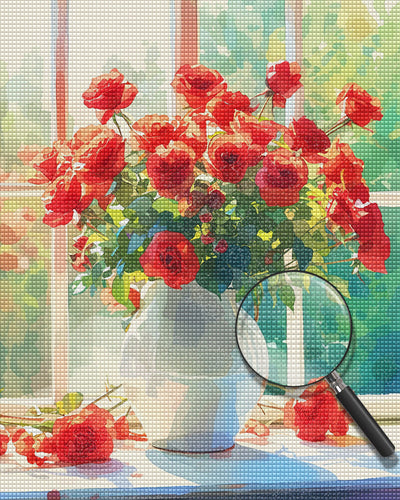 Rote Rosen in einer Weißen Porzellanvase Diamond Painting